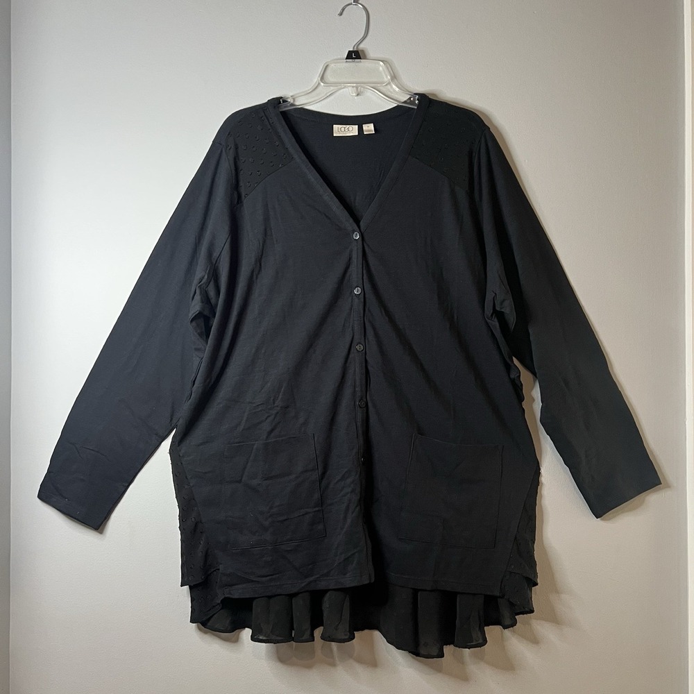 LOGO Lori Goldstein Womens 2X Eyelet Tunic Button‎ Down Blouse Lagenlook Black